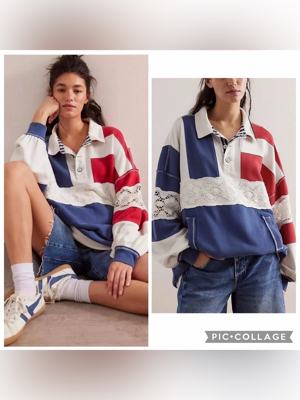 Free People We The Free American Dream Polo Lace Sweater Striped Oversized Sm